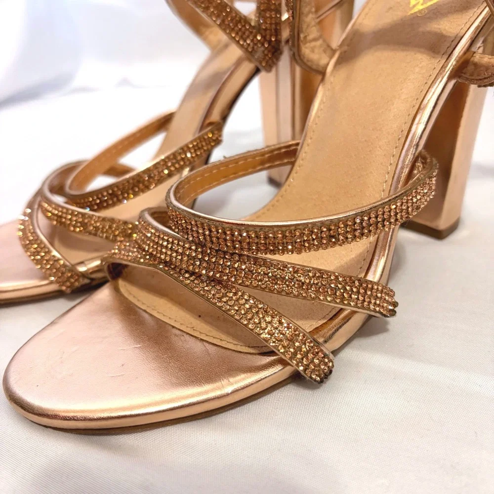 Windsor Rose Gold Rhinestone Block Heels with strappy wrapping detail on ankle